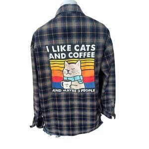 Cats Coffee Plaid Corduroy Shirt Shacket MEDIUM Oversized Introvert Unique Gift